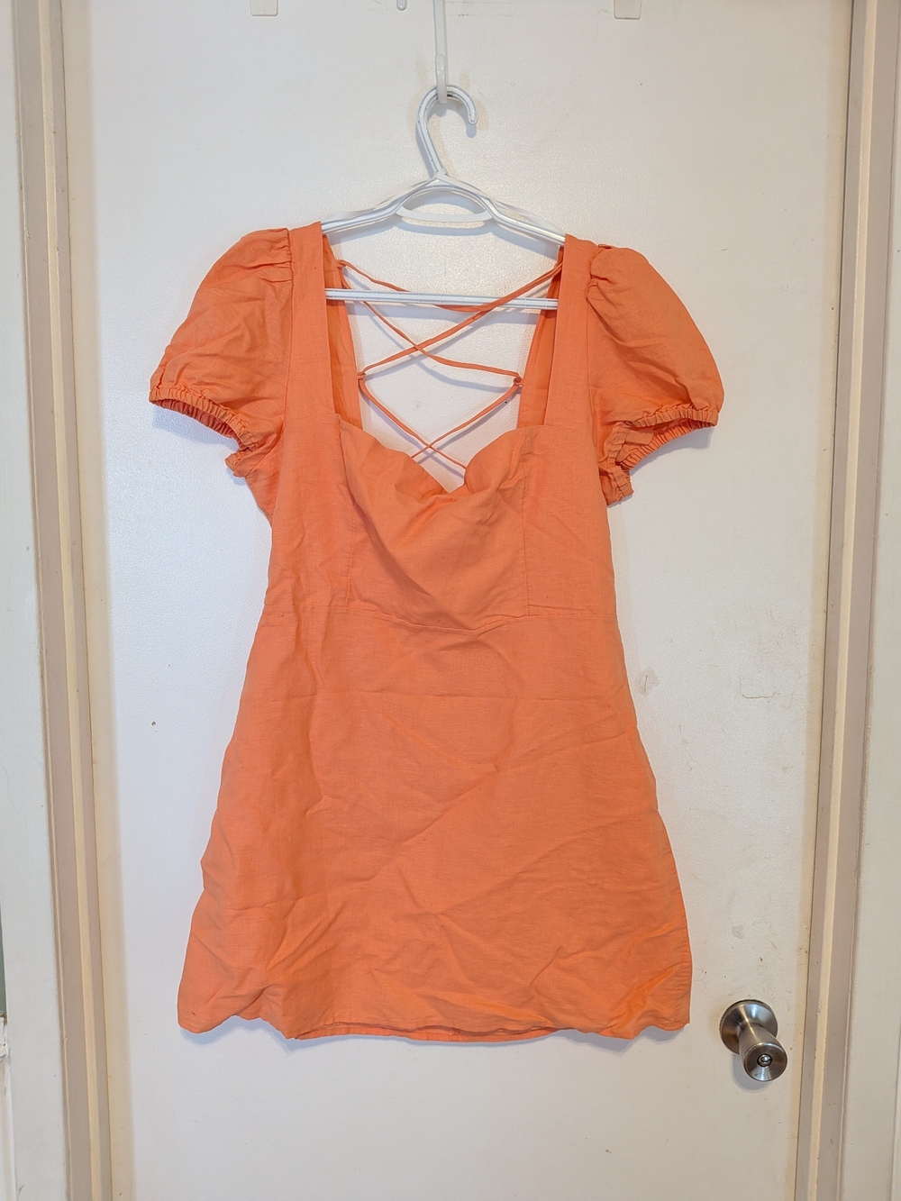 Aritzia Peach Puff-Sleeve Mini Dress with Crisscross Back - Picture 2 of 5